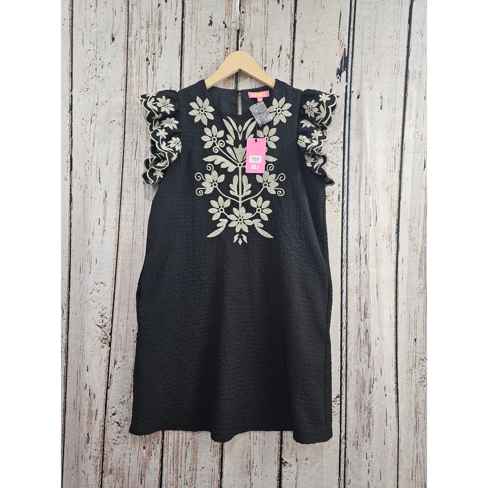 THML Embroidered Ruffle Sleeve Dress Women Small Black Floral Matelasse Shift